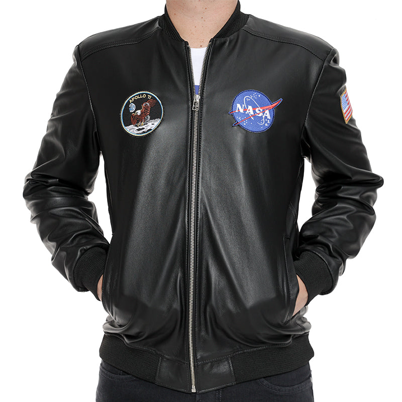 Jaqueta Couro Unissex Preta - Missão Apollo 11 NASA Meatball