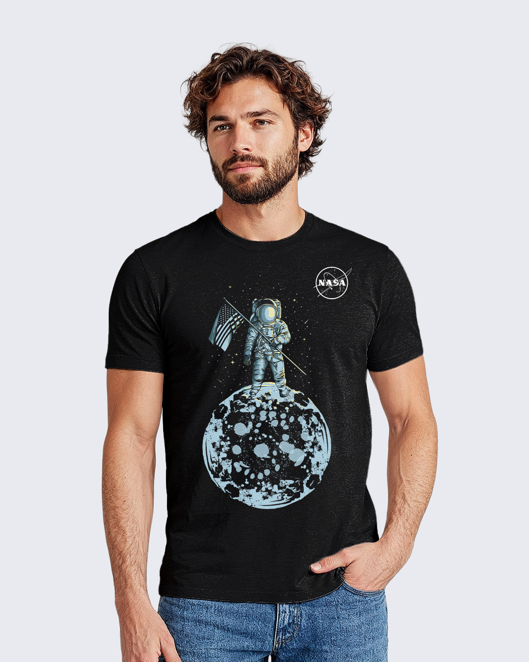 Camiseta Unissex Preta - 100% Algodão - NASA Homem Na Lua